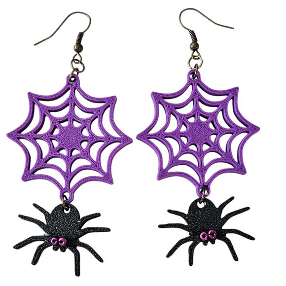 Spider And Web Dangle Hook Earrings Purple, Black, Glass Bead Eyes L517 - Picture 1 of 5
